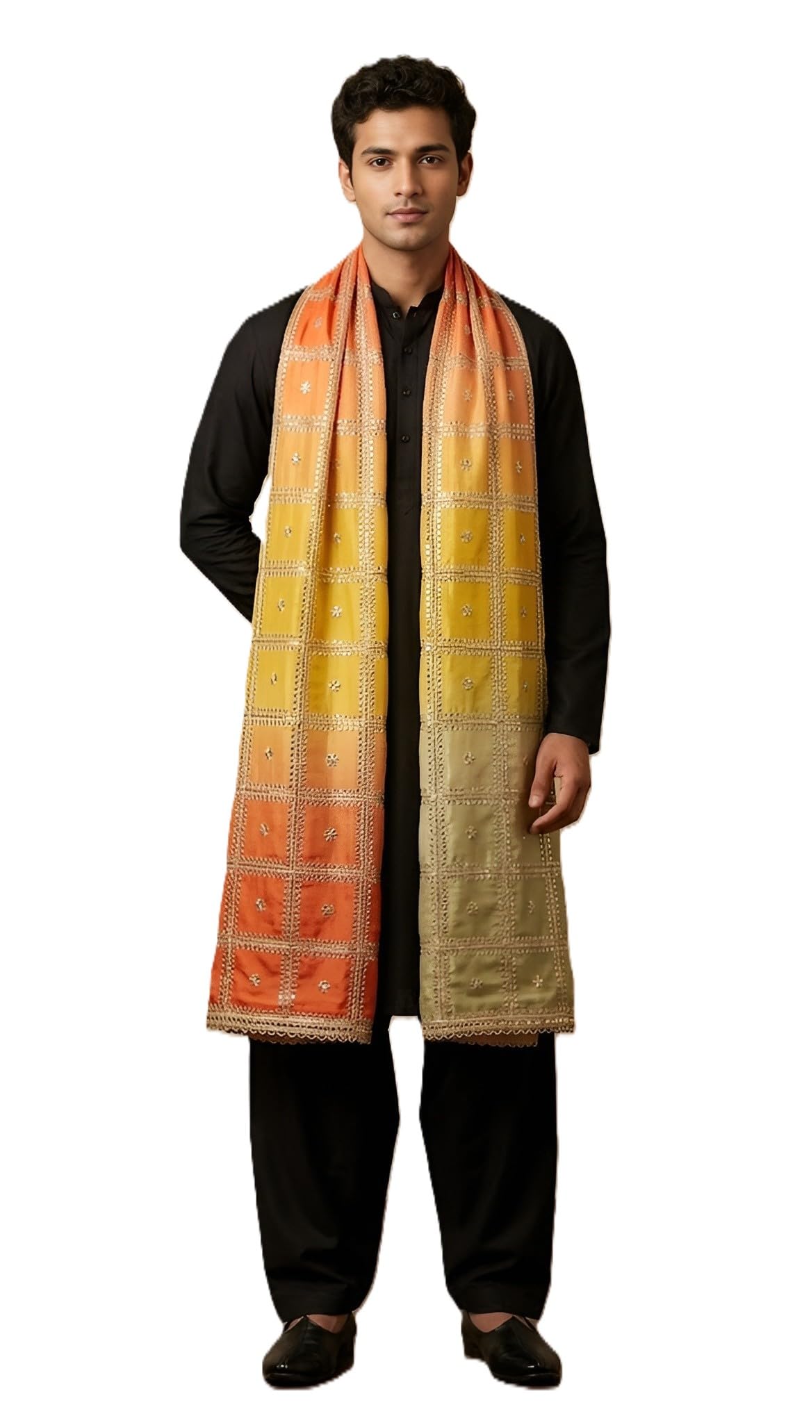 Men’s Premium Chinon Dupatta with Embellished Grid Design, Sequinned Buti Work & Elegant Lace Border |Lightweight Dupatta-image-44