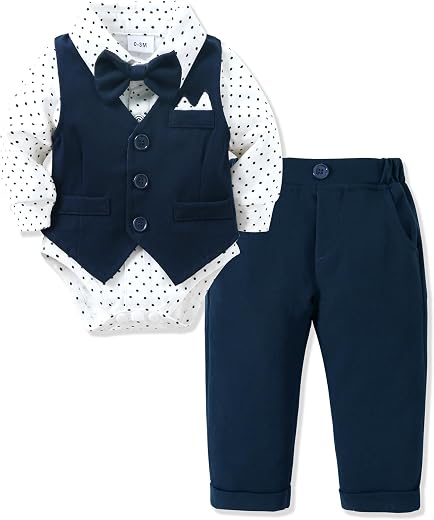 Amissz Baby Boy Christening Suit 0-18 Months Newborn Christening Suit Wedding Outfit Party Baby Clothes Romper + Bowtie + ...