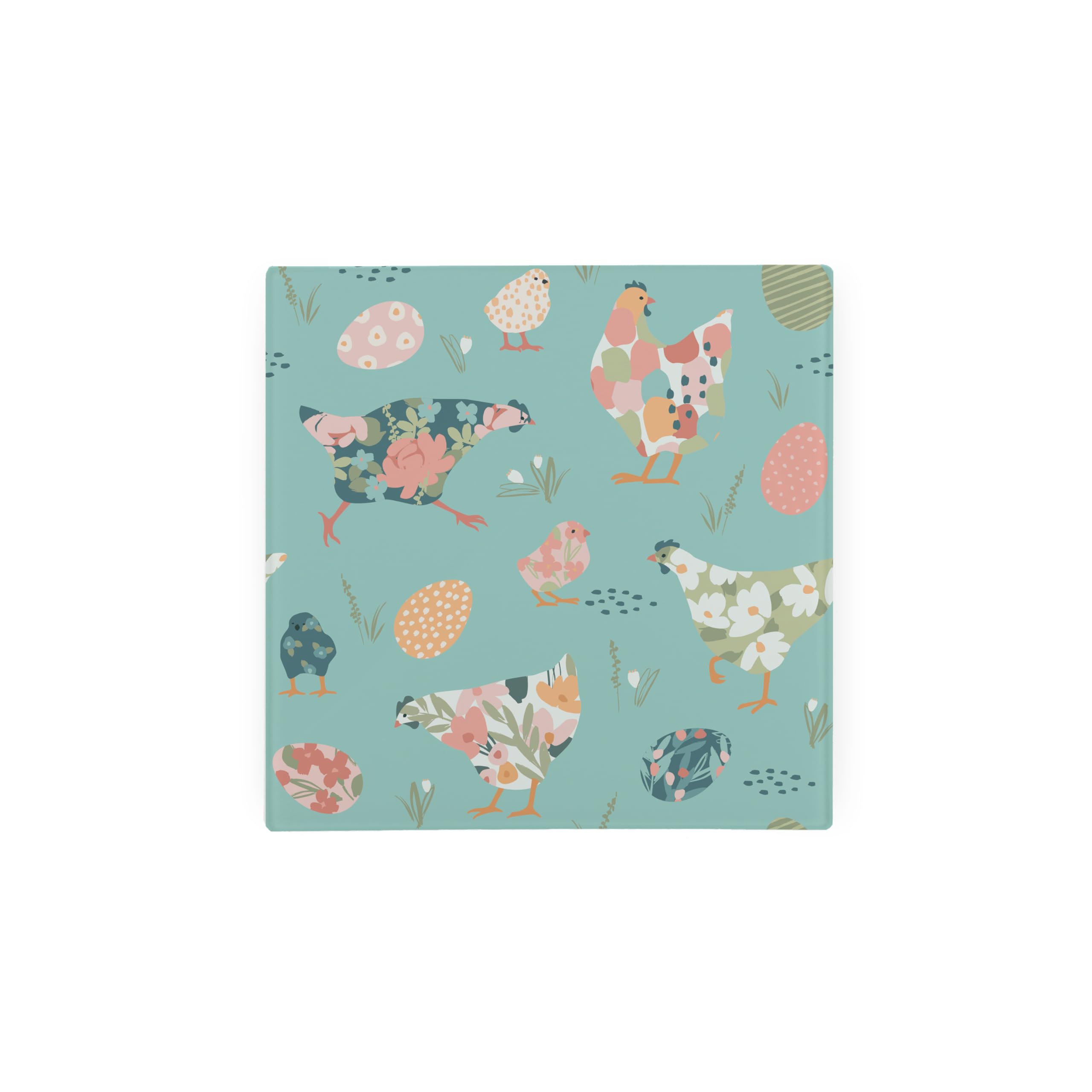Purely Home Easter Chickens/Hens & Eggs Glass Hot Pot Stand Trivet - Spring Themed Gift/Present - Kitchen Chopping/Cutting Board Worktop Protector With Non-Slip Feet 20Cm X 20Cm (8" X 8")