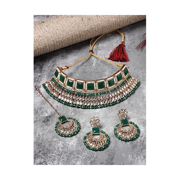 Sukkhi Classical Bridal Gold Plated Rani Pink Kundan & Beads Studded Choker Necklace Set For Women - Image 6