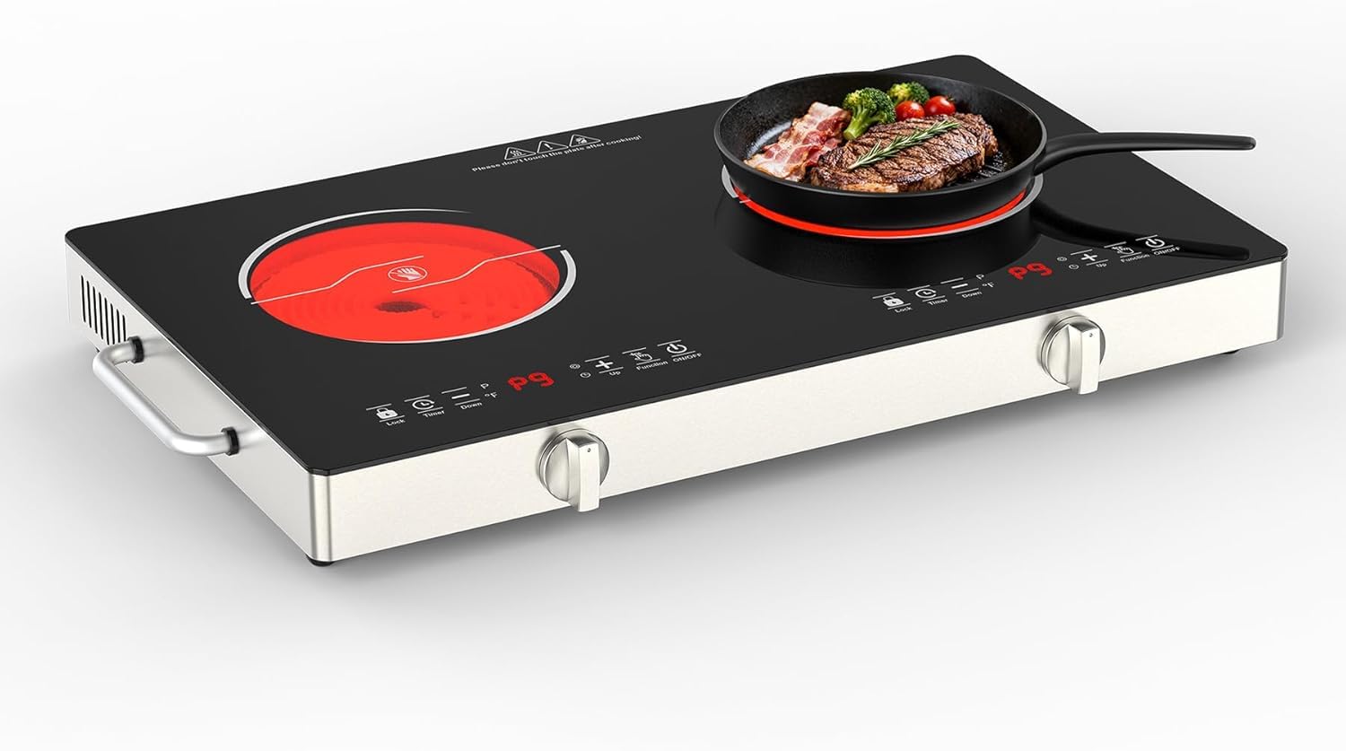 VBGK Double Electric Hob, 220V 3520W Ceramic Hob with Handle, Electric Hot Plate with 9 Power Levels, Child Safety Lock, Timer,Knob and Touch Control, 2 Burner Cooktop