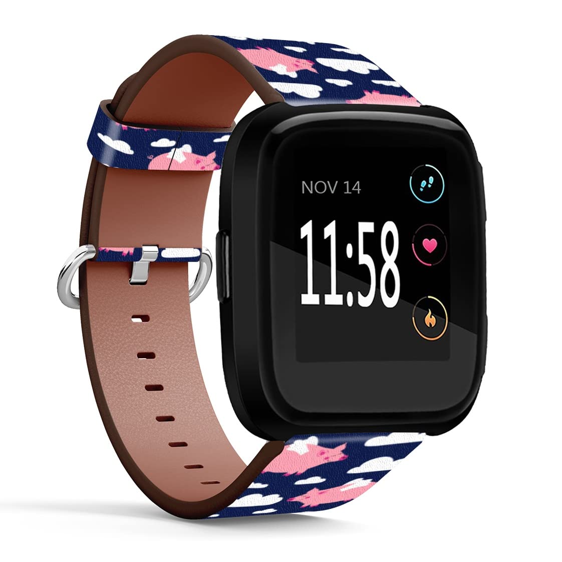 Mingdao Compatible with Fitbit Versa 2 / Versa / Versa Lite / Versa SE Patterned Leather Replacement Band (Cute Flying Cartoon Pigs)
