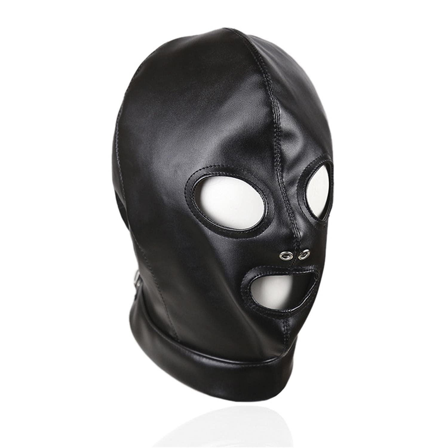 SMGZC PU Leather Latex Head Cover Mask,Nightclub Prom Three Holes Full Face Head Cover, Black, Bring Out The Air Hole, Adjustable Size, X-Large
