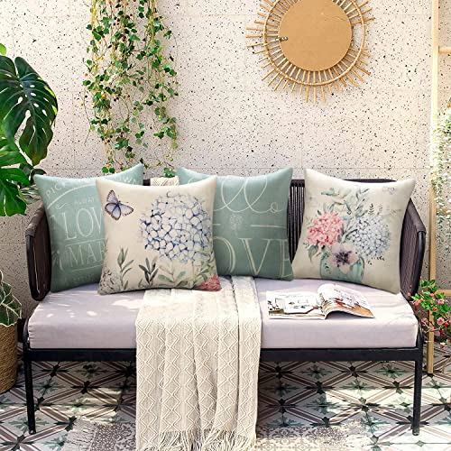 Kissenbezüge 40x40 Grün Outdoor 4er Set Dekokissen Leinen Kissenbezuge Blumenvase im Landhausstil Dekorative Sofakissen Deko Kissen Einfach Decor für Couch Wohnzimmer Garten Schaukelstuhl Zierkissen – Bild 4