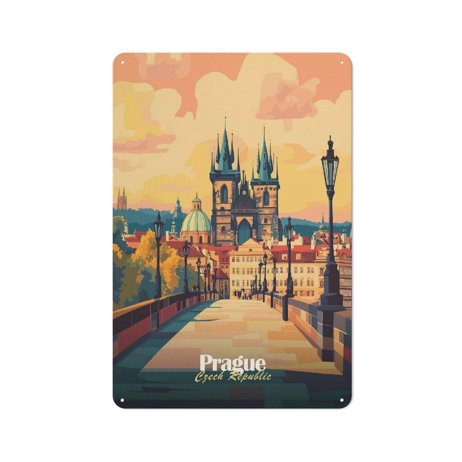 Junmoney Style-9 Tin Sign 30X20cm With Prague Cityscape(3) For Garage Wall, Retro-Style Decor, For Room Styling Across Garages And Workshops