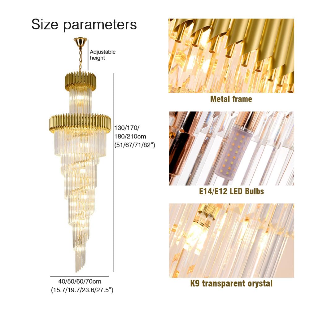 Lampadario Moderno in Cristallo per Scale - Lussuosa Lampada a Sospensione Regolabile per soffitti Alti, Lampadina E12, Finitura Oro/Nera, Lunghezza 51"/59"/67", Villa Spiral (diam