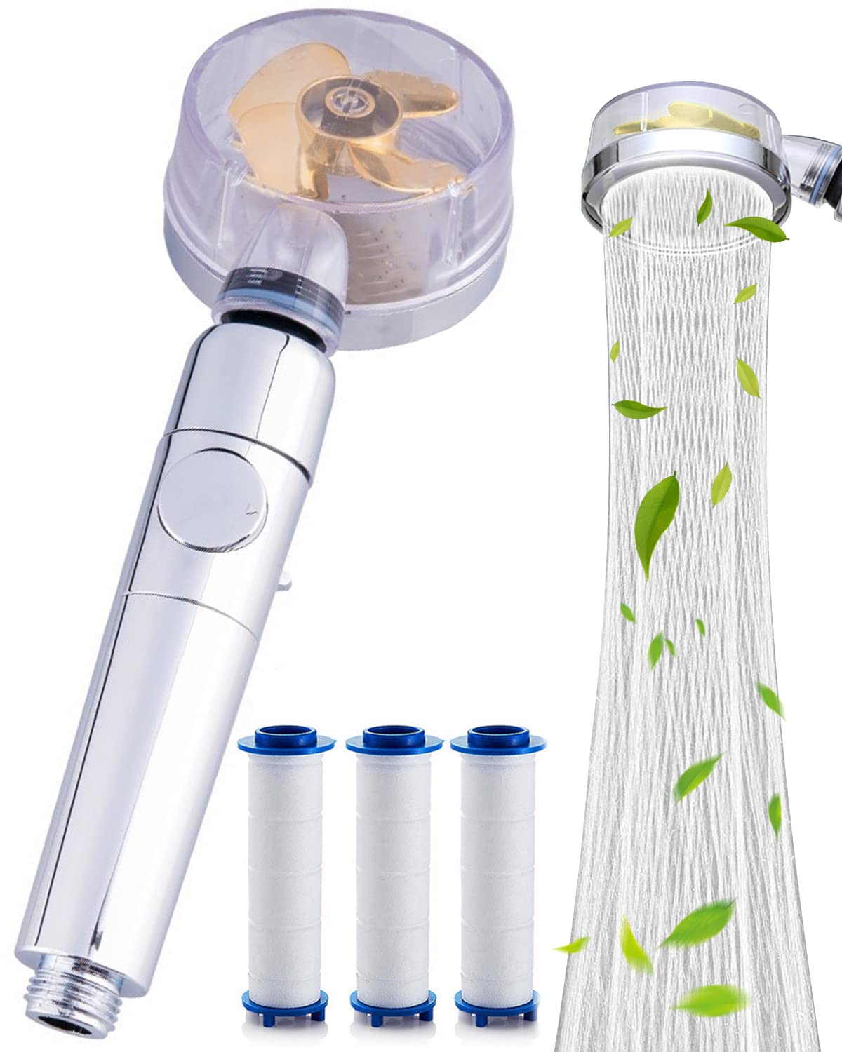 Zhongyu Turbo Spa Shower Head, High Pressure Propeller Shower Heads with Filters and Pause Switch, Easy Install Replacement for Bath Turbocharged Showerhead 360 Degrees Rotating (Gold)