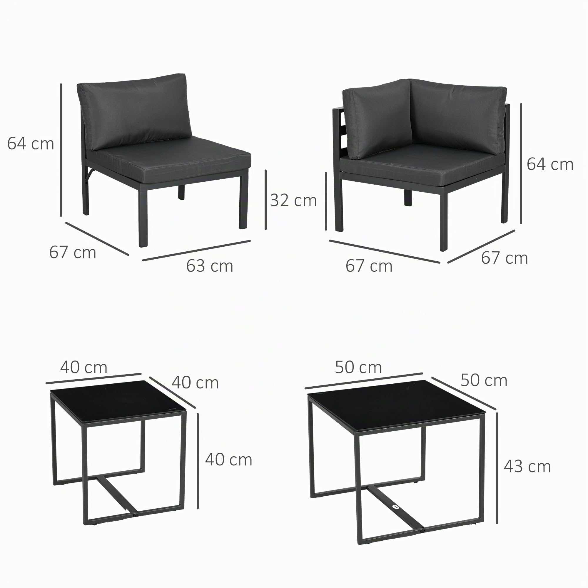 Outsunny Set Salotto da Giardino da 7 Pezzi 5 Poltrona da Esterno Grigio | 2 Tavolini da Caffè con Piano in Vetro, Cuscini, Set di Mobili in Acciaio e Poliestere