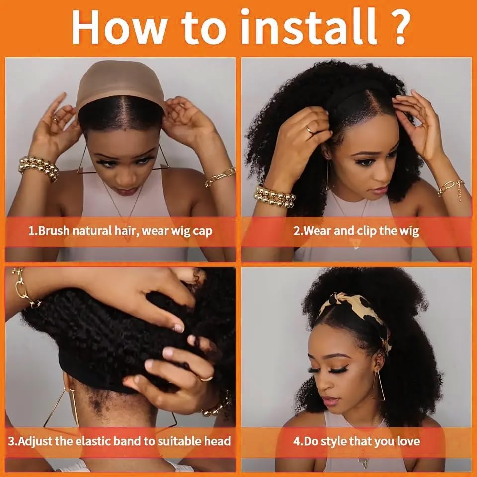 Image of XSY Headband Wig Human Hair Kinky Curly Headband Wigs for Black Women Deep Curly No Lace Front Wig 150% Density Natural Black Color 10 Inch