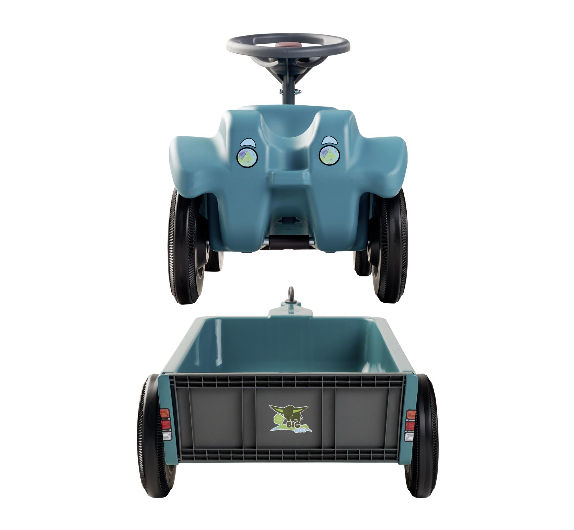 Big Bobby Car Classic Eco 2.0 mit Anhänger - Rutschauto ab 1 Jahr aus Recycling-Material mit Caddy, Lenkrad und Hupe, für Kinder ab 1 Jahr (bis 50 kg), Türkis mit Grau