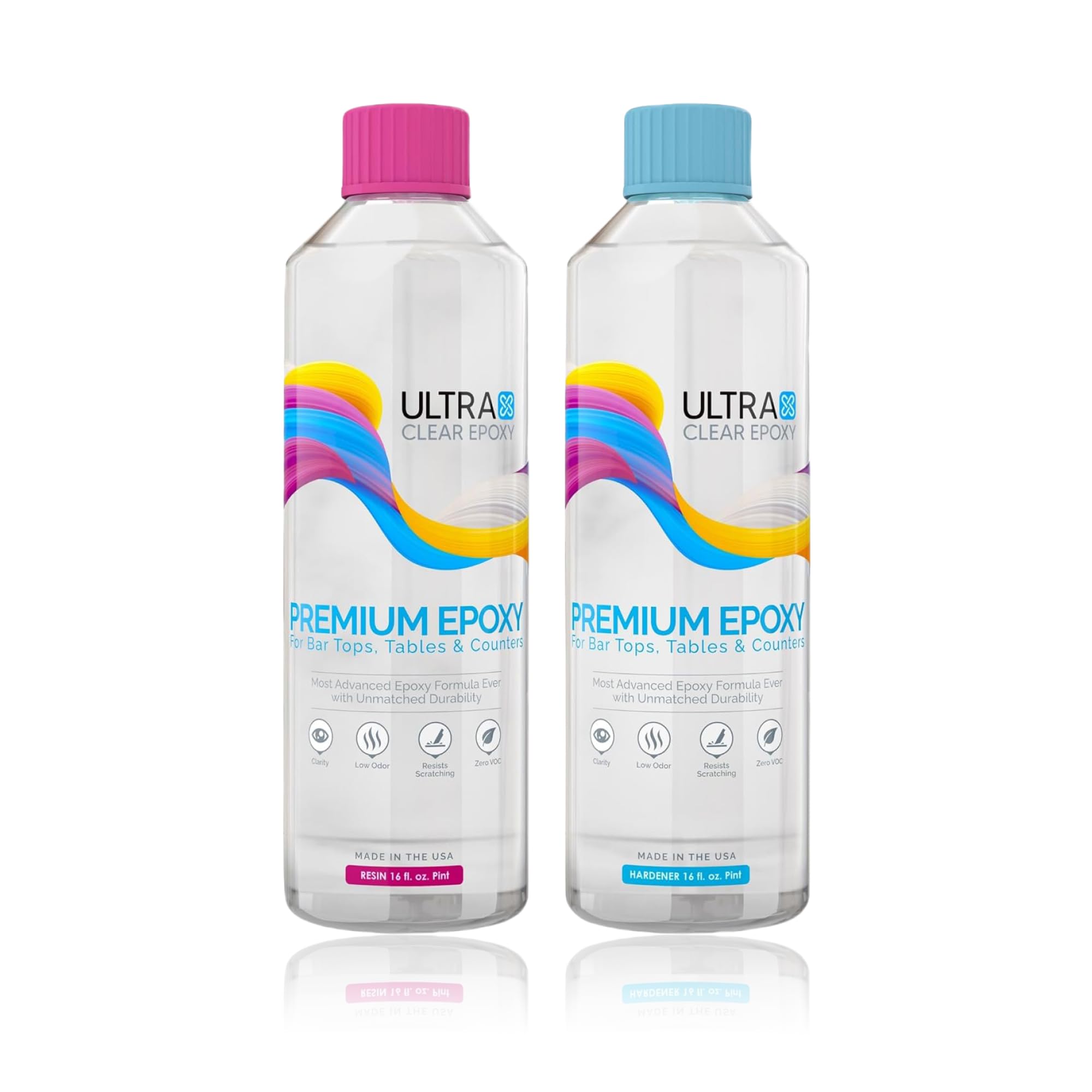 Ultra Clear Epoxy Resin and Hardener | Scratch Resistant, Crystal Clear Coating, Glossy, Low Odor Epoxy Primer | Ideal for Bar Tops, Tables, & Countertops - (1Quart Combined/16oz Each)