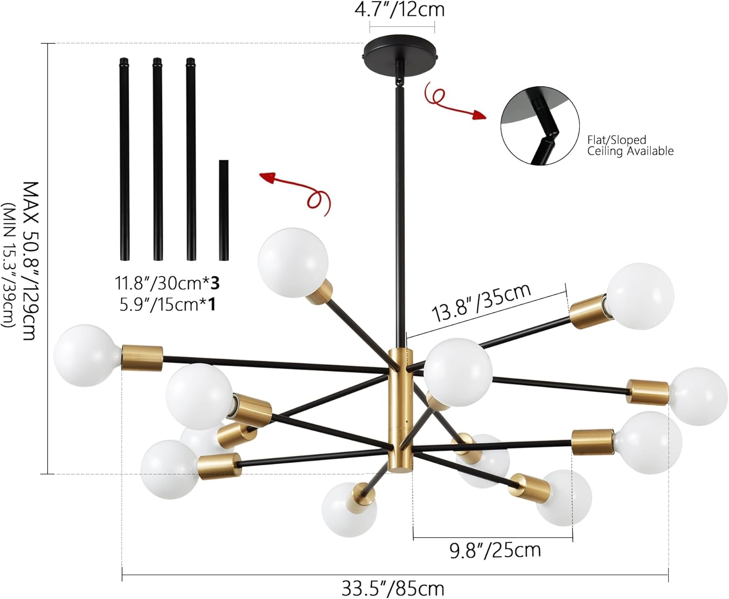 12-Light Black and Gold Sputnik Metal Chandelier