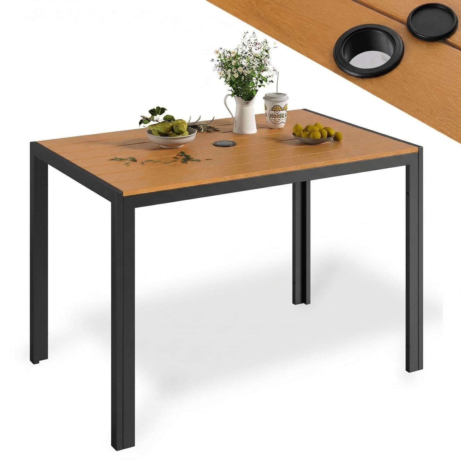 LIFERUN Gartentisch mit Schirmloch 110x70 cm, Balkontisch Wetterfest | Terrassentisch Aluminium, WPC Tischplatte, Rechteckiger Esstisch Garten für 4-6 Personen, Teakbraun