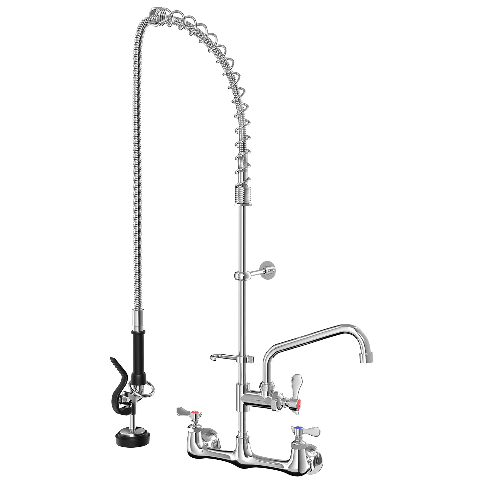 Commercial Wall Mount Kitchen Faucet with Pull Down Pre-Rinse Sprayer, Adjustable Swing Spout, Heavy-Duty Utility Sink Tap for Restaurant, Bar, 3 Compartment Sinks