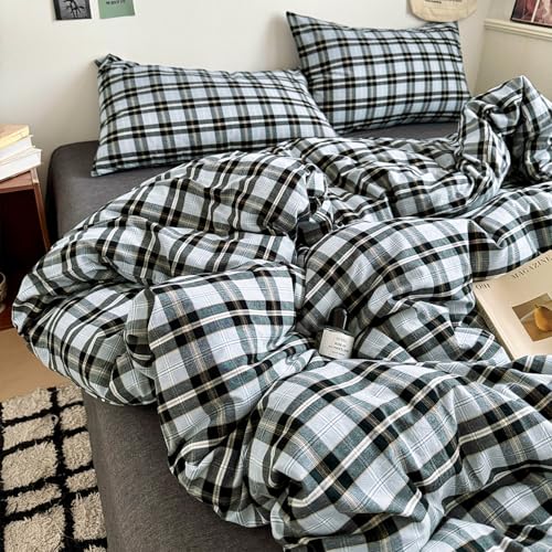 Image of mixinni Vintage Grey & Pale Blue Buffalo Plaid Duvet Cover Set Full Size - 3 Piece Washed Cotton Bedding Set with Grid Pattern, Soft & Breathable Duvet Cover with Pillowcases for Boys, Men& Women