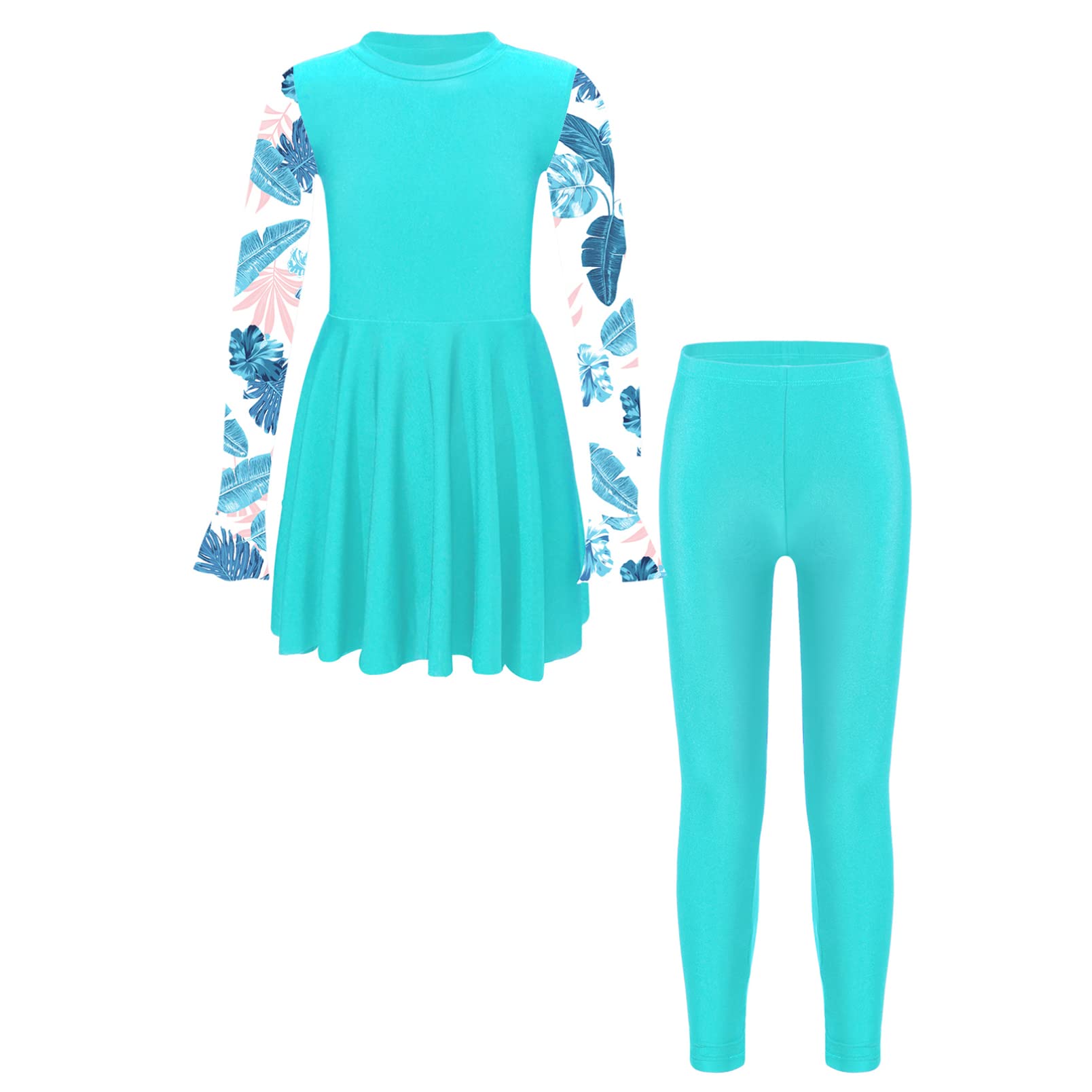 dPois Maillot de Bain Musulman Fille Enfant 2 Pieces Anti-UV Jupe de Bain Ensemble Tankini Burkini Manches Longues Combinaison de Piscine Plage Été Vacances