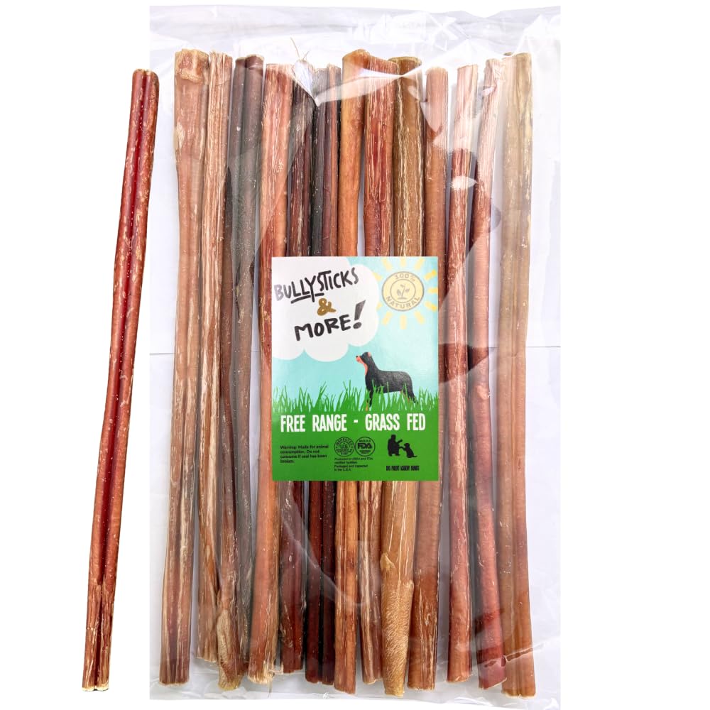 BULLYSTICKS &amp; MORE 12 Inch Bully Sticks (Thin- 15 Pack) | Bully Sticks for Medium Dogs | 100% Grass Fed Beef | Dog Parents Choice Bully Stick Dog Chews | No Hide Bully Bones