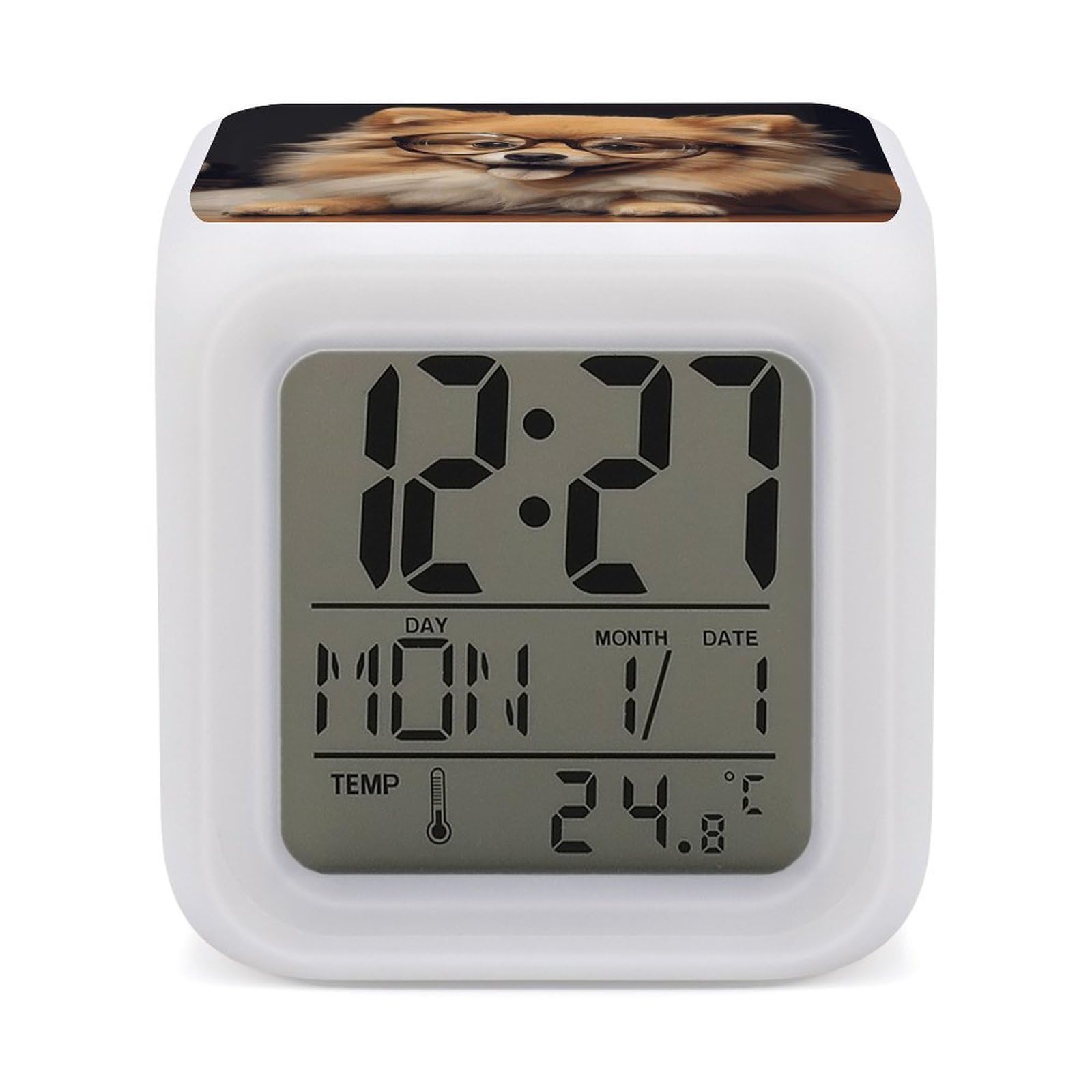 FekiLoot Pomeranian Dog Wearing Glasses Alarm Clock for Heavy Sleepers Wake Up Digital Clock with 7 Color Changing Night Light Super Loud Digital Alarm Clocks Small Machine Alarm Clocks