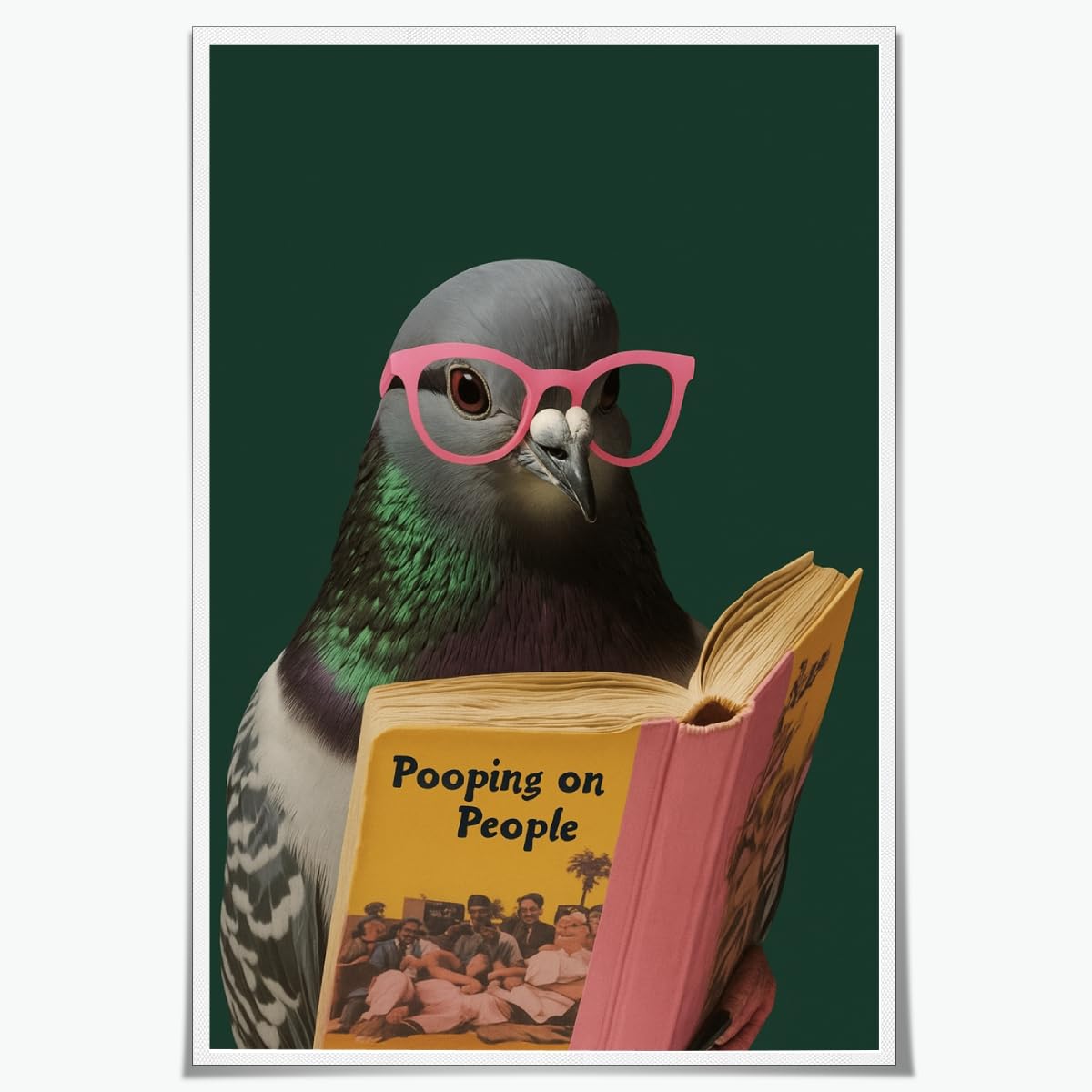 Funny Bathroom Wall Art Quirky Pigeon Reading Pooping on People Poster Trendy Bathroom Humor Painting Canvas Print Retro Bird Animal Green Wall Decor For Home Toile Restroom 8x12inch Unframed