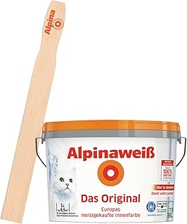 Alpinaweiß Das Original – optimal deckende und ergiebige weiße Wandfarbe – mit Spritz-Schutz-Formel – mit Rührholz (1 Liter)