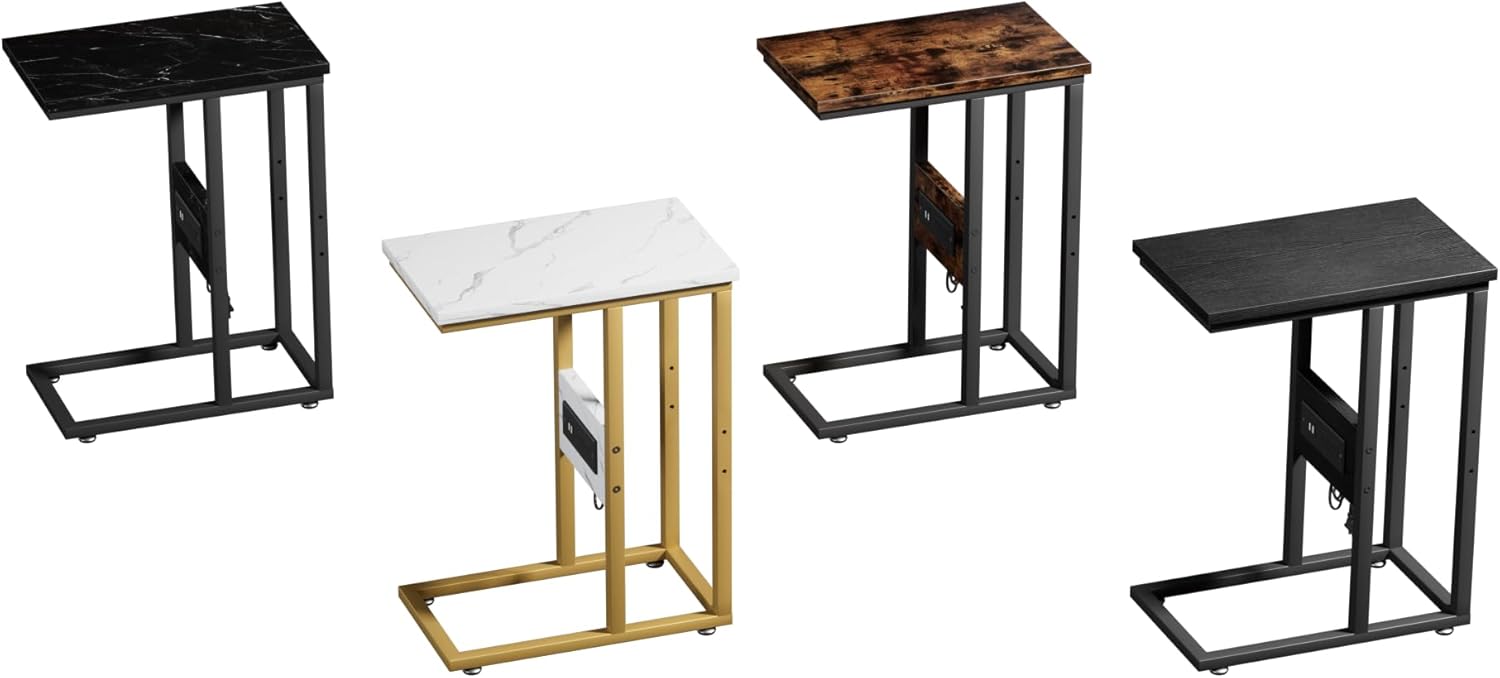VECELO C Shaped End Table with Charging Station & Power Outlets, Quick Access Side Table for Sofa, C Bedside for Living Room Bedroom 2 Set,Black Marble