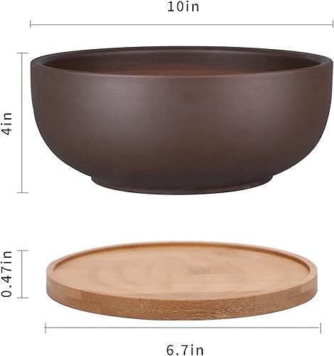 Miniatura 2 de Maceta de terracota de 10 pulgadas, maceta grande para suculentas y bonsái con agujero de drenaje y platillo de bambú para plantas de interior,