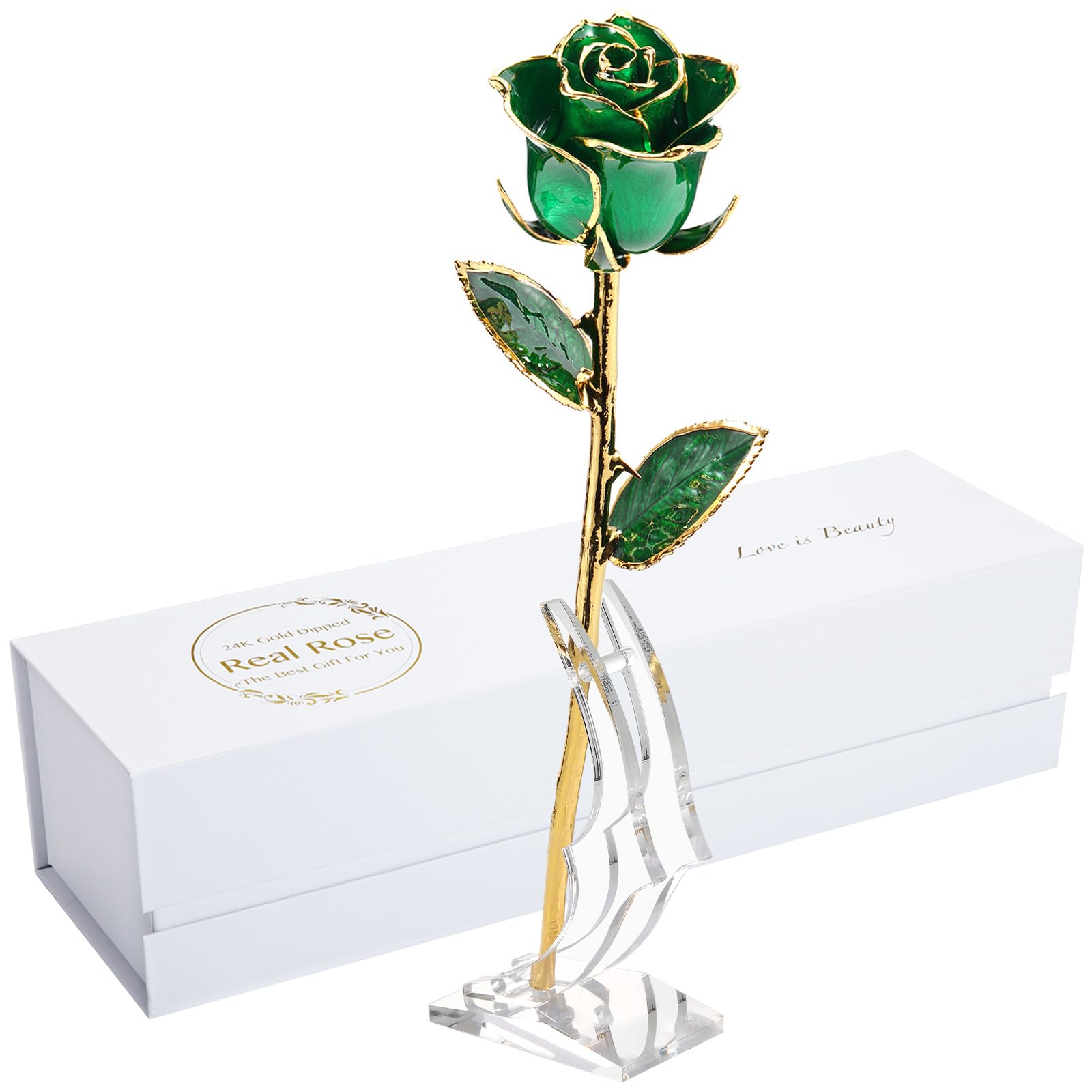24K Gold Real Rose, Gold Dipped Rose Made from Real Rose Best Gifts for her and Great Gifts for Mom (Green Original Rose with Stand)