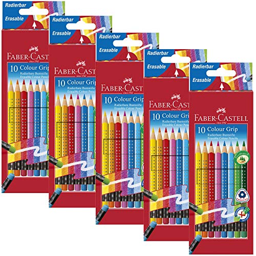 Faber-Castell 10er Etui Buntstifte Colour Grip radierbar, 5 Packungen