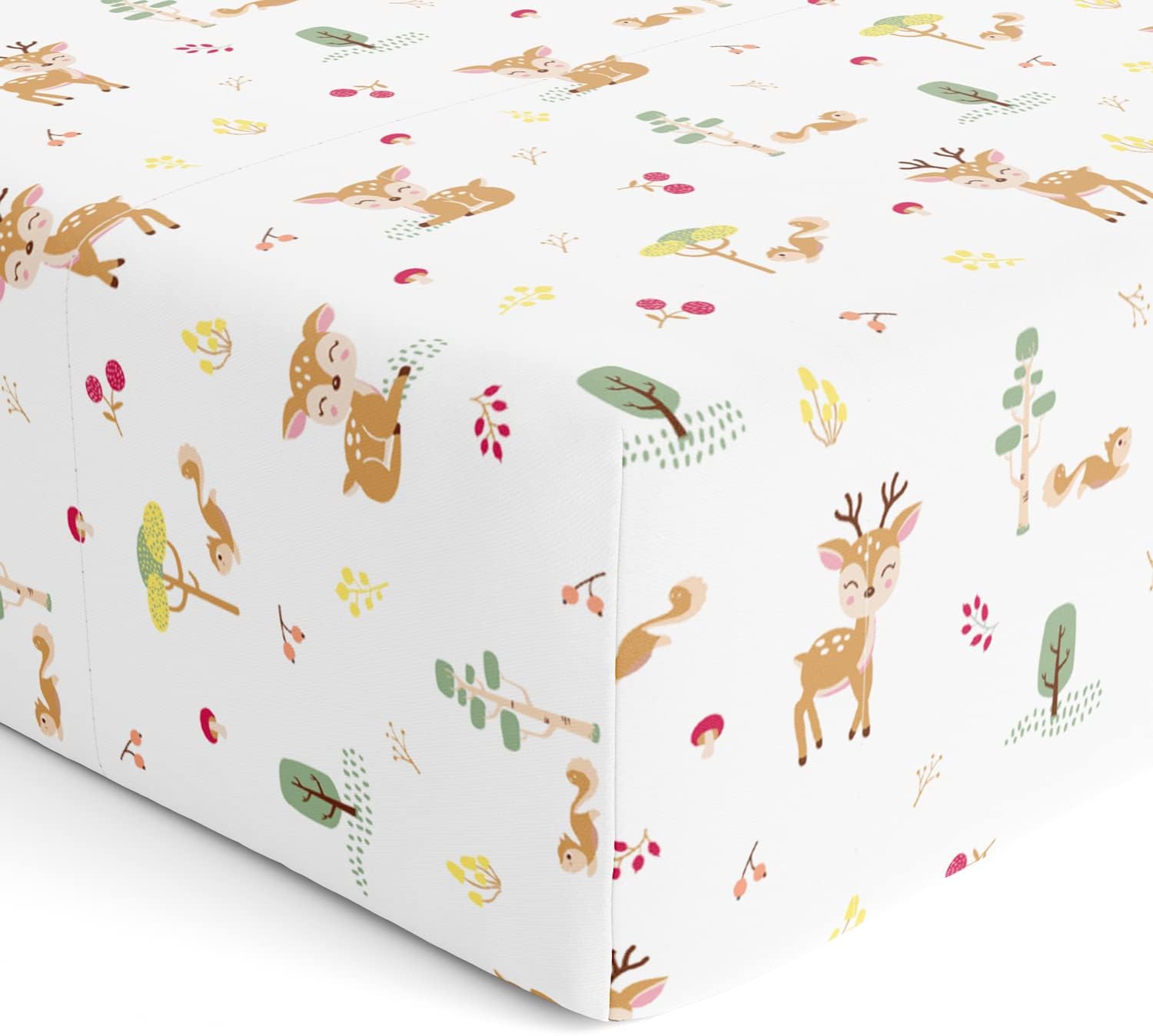Haus and Kinder 100% Cotton Fitted Cot Crib Sheet | Bed Sheets for Newborn Baby Crib Mattress | Deep Pocket All Round Elastic Fitted Crib Sheet for Baby| Size 132 cm x 71 cm | Whimiscal Woodland