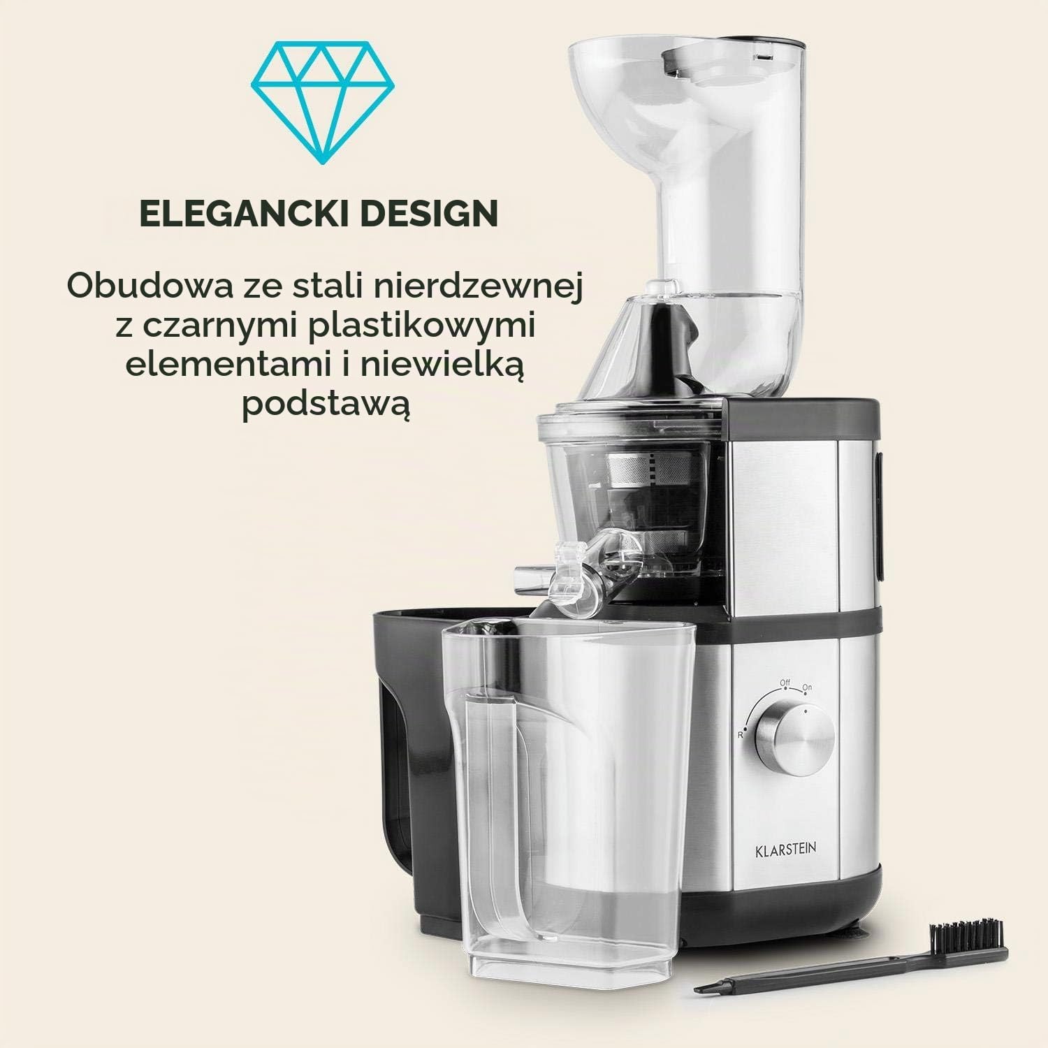 Klarstein Fruitberry - Wyciskarka do soków, Pionowa wyciskarka, Bardzo drobne mikrosito ze stali, Slow Juicer, 400 W, 60 obr/min, Bez BPA, W zestawie dwa pojemniki, Otwór wsadowy 8,5cm, cicha, srebrna