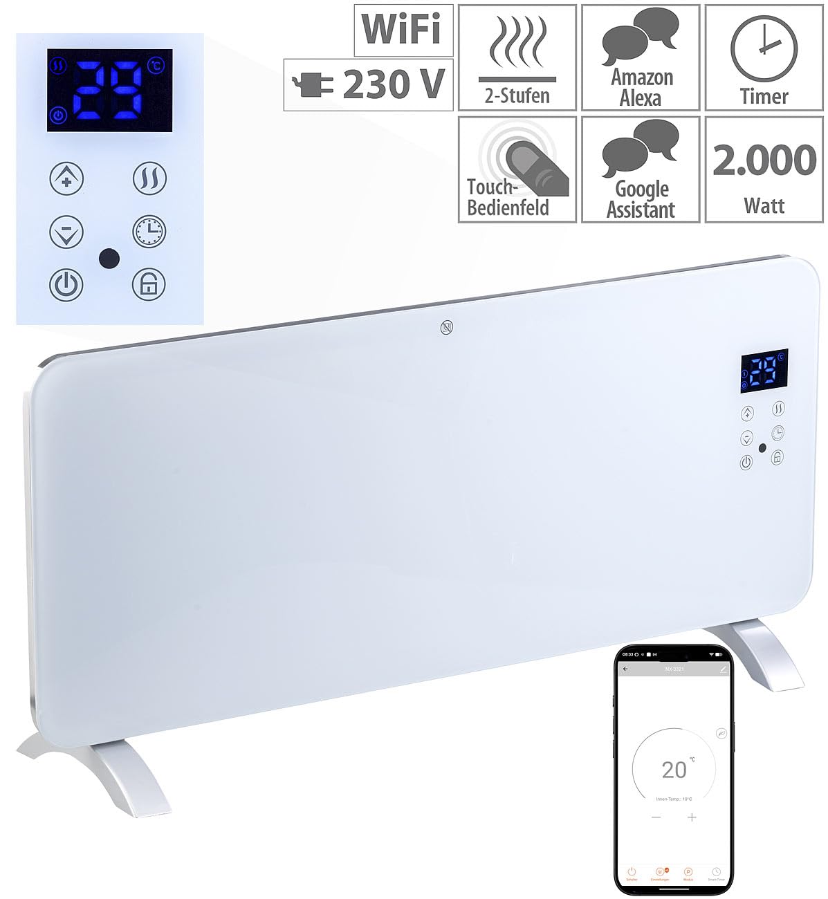 Sichler Haushaltsgeräte Elektroheizkörper: Konvektor-Heizung mit App, für Amazon Alexa & Google Assistant, 2000 W (WLAN Heizung, Wandkonvektor, TUYA)