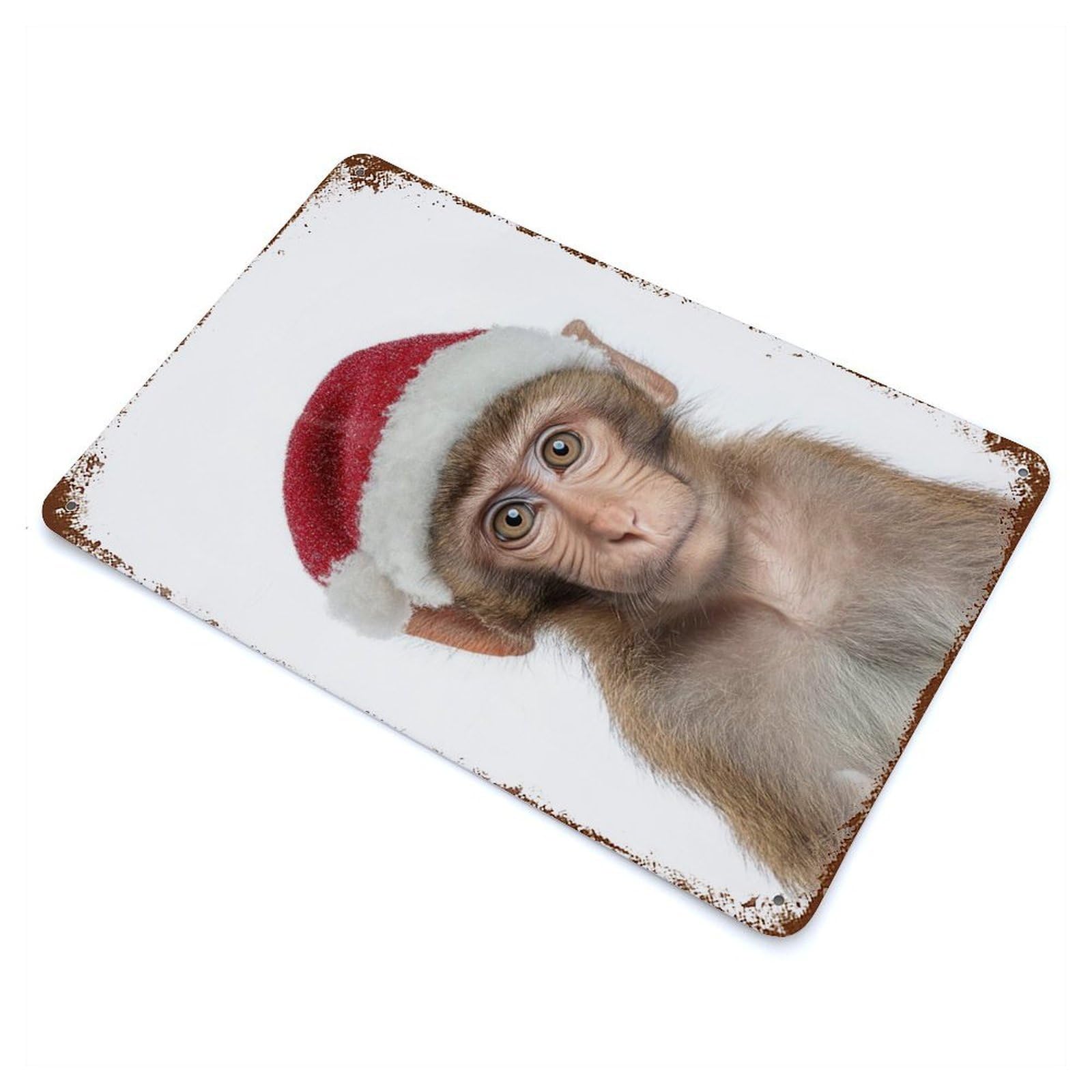 Monkey Wearing A Christmas Santa Hat Decorative Tin Sign 11.8"x7.9", Retro Wall Decor for Living Room, Hallway And Home Decor