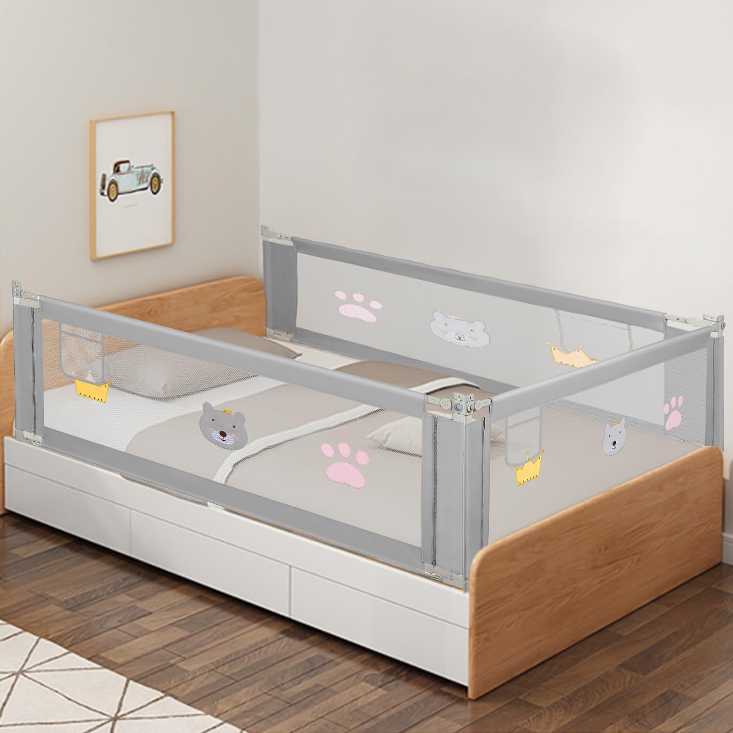 Fiqops Bettgitter rausfallschutz 180cm und 200cm,Rausfallschutz Bett Klappbar 2 STK,Bettschutzgitter vertikalen Heben,Fallschutz Bett stabile Bauweise,Baby bettgitter für Kinder,Grau Cartoon
