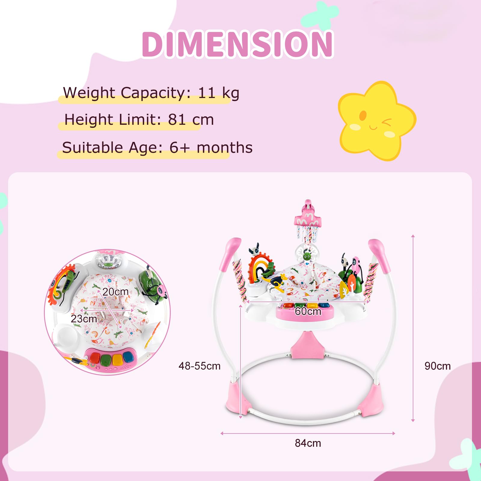 COSTWAY Baby Activity Center, Baby Jumpers & Bouncers with 360° Rotary Seat, Music, Lights, 3 Adjustable Heights, Interactive Toys, for Ages 6 Months + (Pink) — view 6