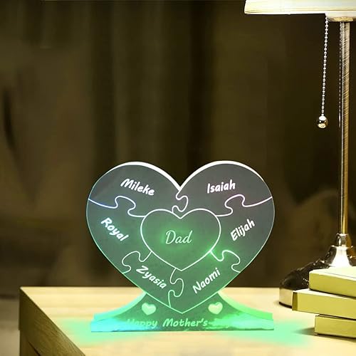 Miniatura 5 de Rompecabezas de nombre de familia personalizado, luz LED, espejo de corazón, espejo de dormitorio, espejo acrílico personalizado de 1 a 12 nombres,