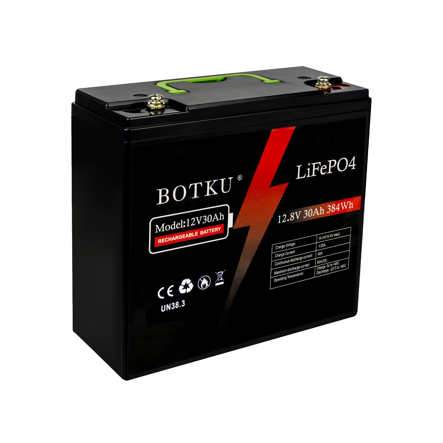 12V 30Ah Lithium LiFePO4 Deep Cycle Battery, 3000+ Cycle Rechargeable Lithium Iron Phosphate Battery for Solar, Fish Finder, Marine, Outdoor Camping, Off-Grid Applications with 30A BMS