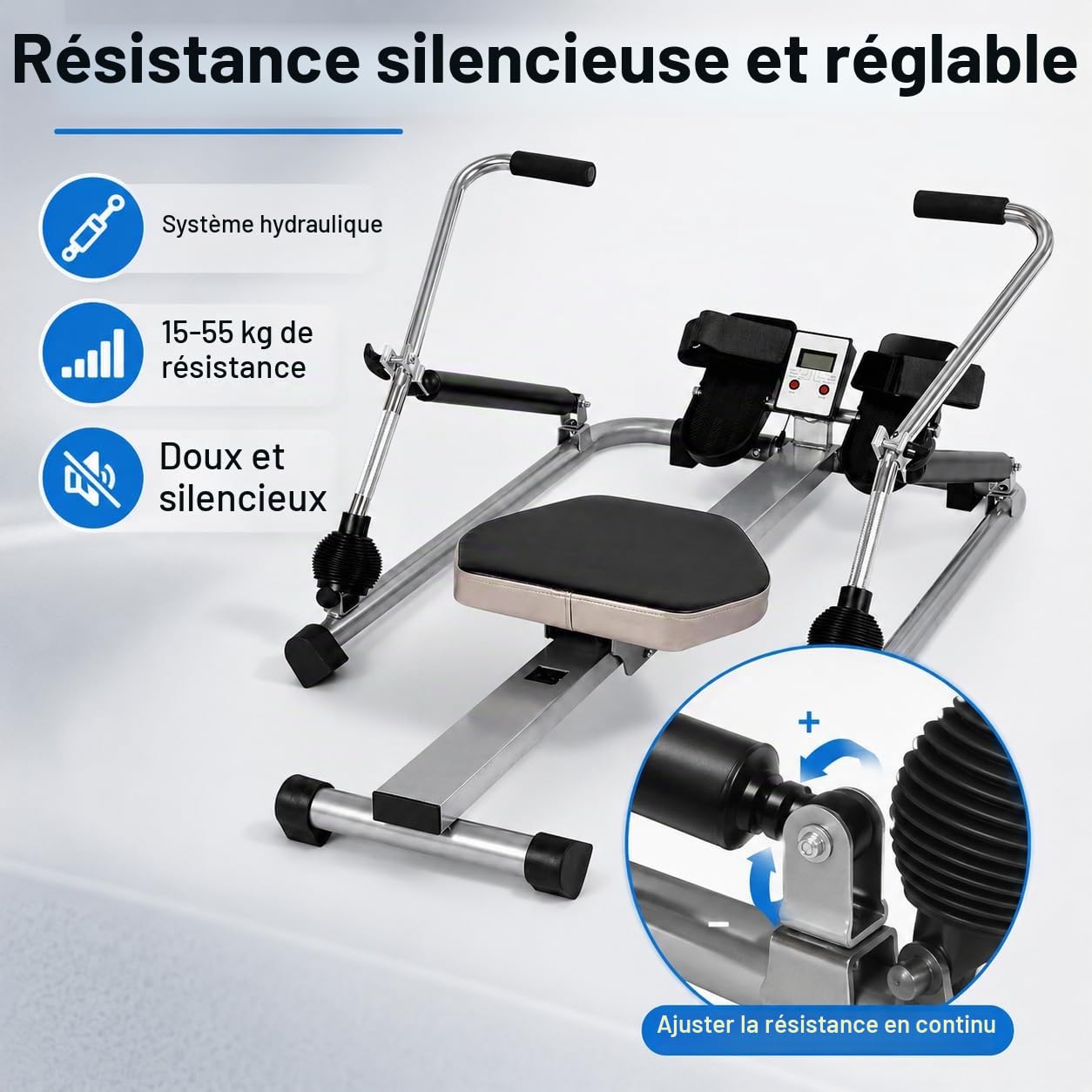 Rameur pour la maison Vainqueur du test, rameur hydraulique entièrement mobile réglable avec siège souple, écran LCD et long rail pour exercices cardio, capacité de charge de 120 kg, 106 x 66 x 10 cm