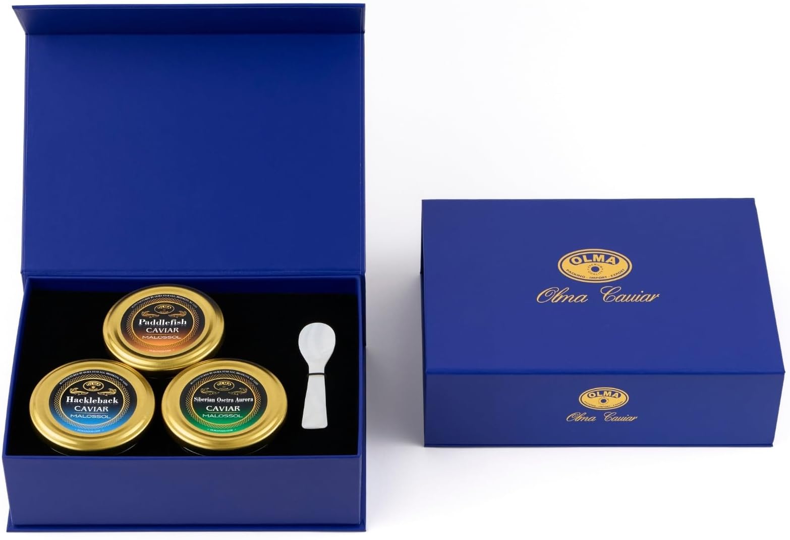 OLMA Gourmet Caviar Gift Box - Includes 6 oz of Siberian Osetra Aurora, Paddlefish & Hackleback Sturgeon Fish Roe & Mother of Pearl Serving Spoon - Overnight Delivery