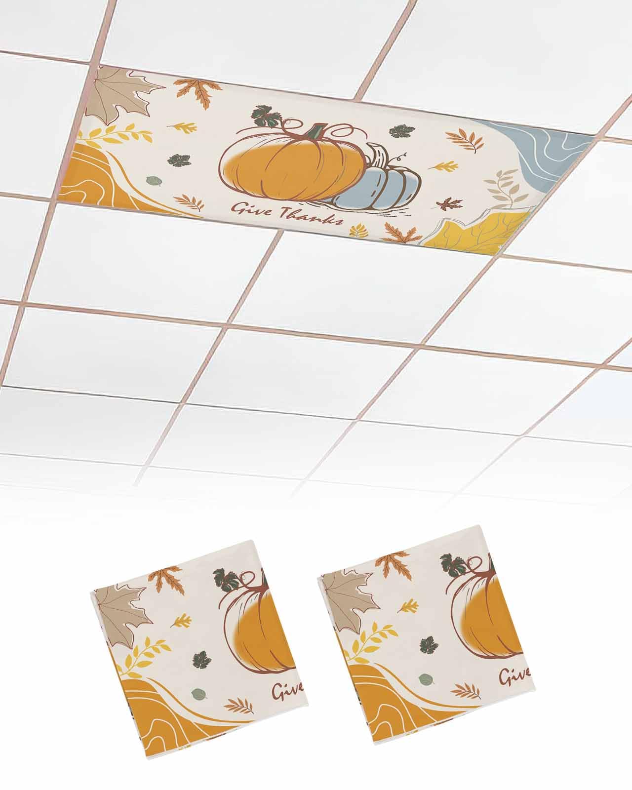 2PCS Thanksgiving Fall Boho Cute Cartoon Pumpkin Fluorescent Light Cover, Ceiling Lampshade Decor with 10 Magnets Fixtures, Print Light Filters Cover Panel for Any Place Supplies