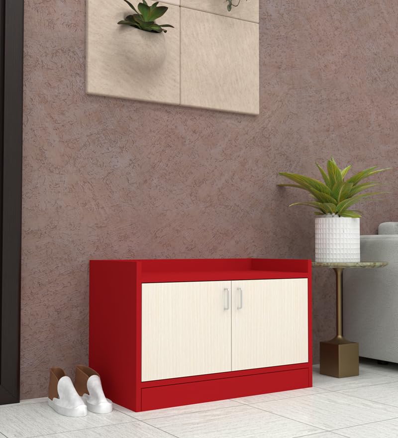 Image of SPECIALITY PANELS 2 Door Shoe Rack with Storage Cabinet, Red and Cream, 75x49 cm, DIY Assembly