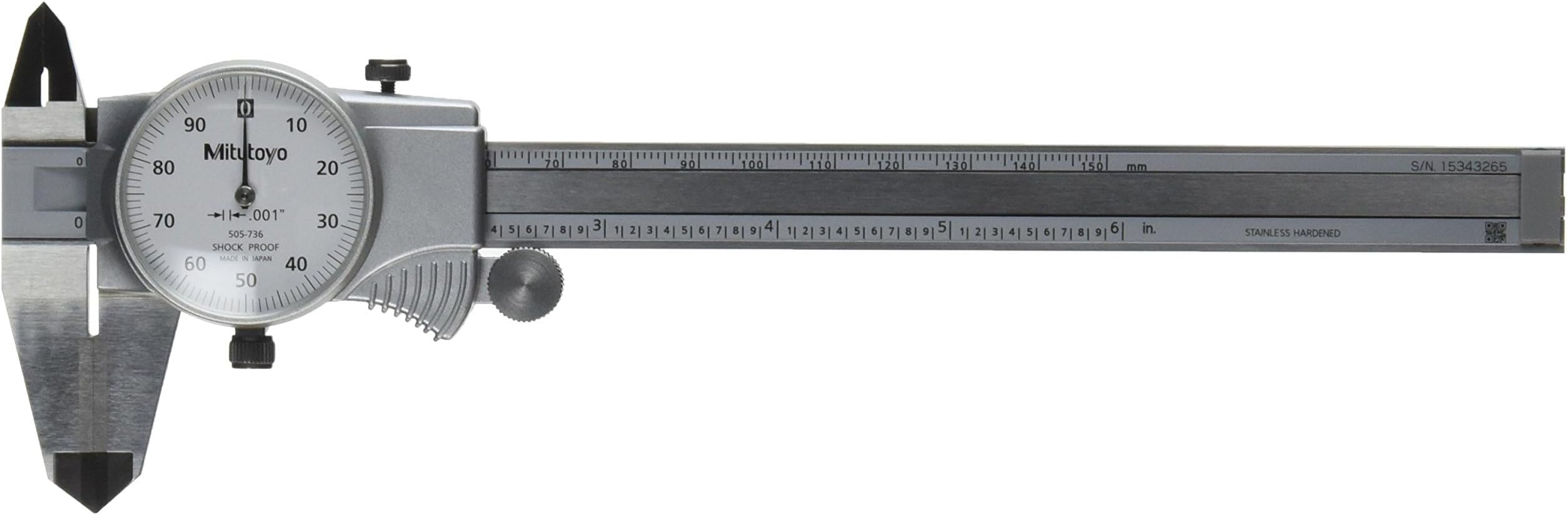 505-736 Dial Caliper with OD Carbide Tips, 01" per Revolution, 0-6" Measuring Range, 0.001" Accuracy, Designed for Precision Measurement in Mechanical and Engineering Applications