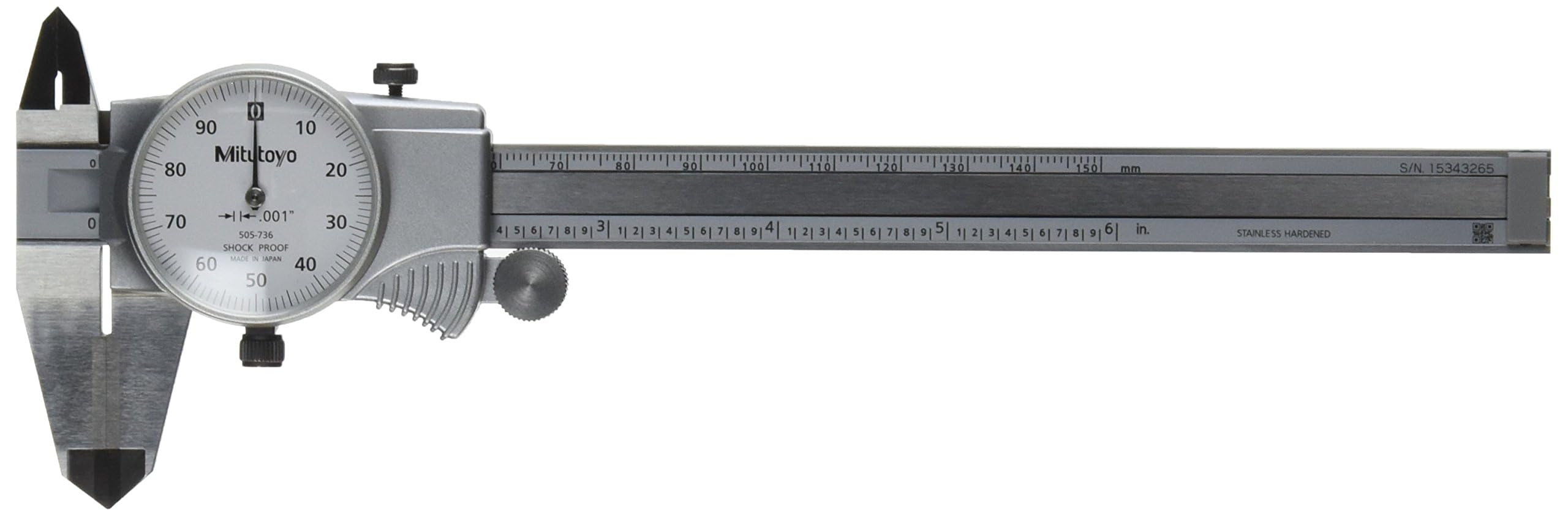 Mitutoyo 505-736 Dial Caliper with OD Carbide Tips, 01" per Revolution, 0-6" Measuring Range, 0001" Accuracy, Designed for Precision Measurement in Mechanical and Engineering Applications