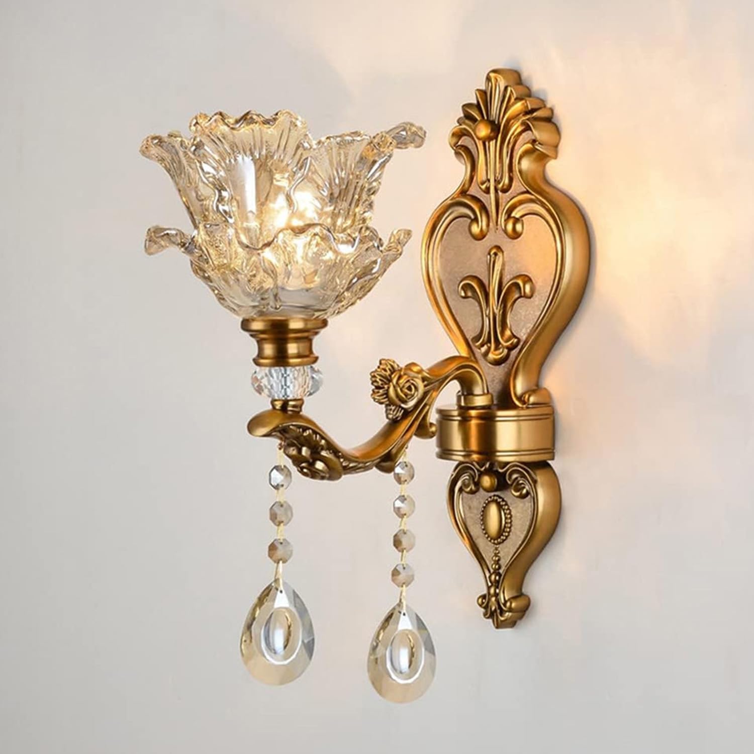MIXL-Gold Sconce with Crystal Drop,1-Light Floral Lampshade Wall Mounted Lamp,Modern Bathroom Vanity Light,Vintage Style Wall Lighting for Living Room Bedroom