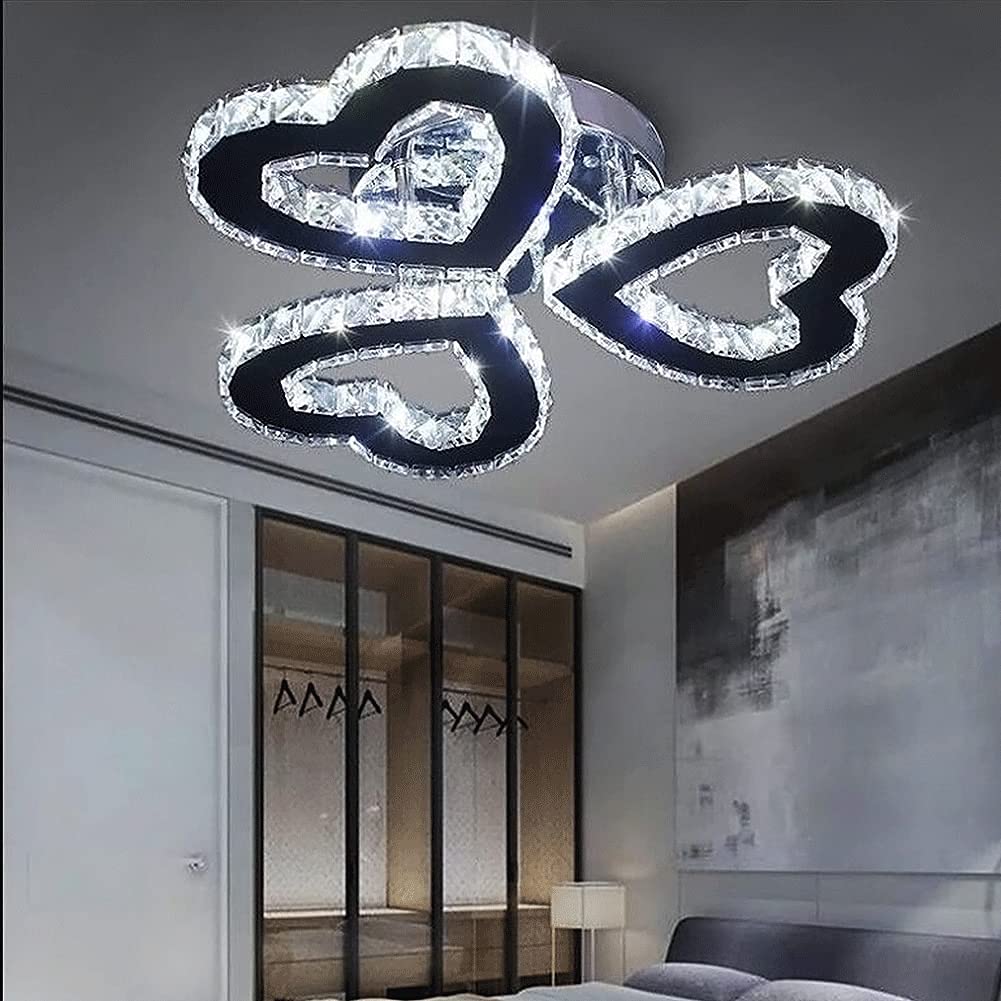 Lámpara de araña de cristal, moderna lámpara de techo empotrada de acero inoxidable LED colgantes para comedor sala de estar (3 anillos en forma de corazón, blanco frío)