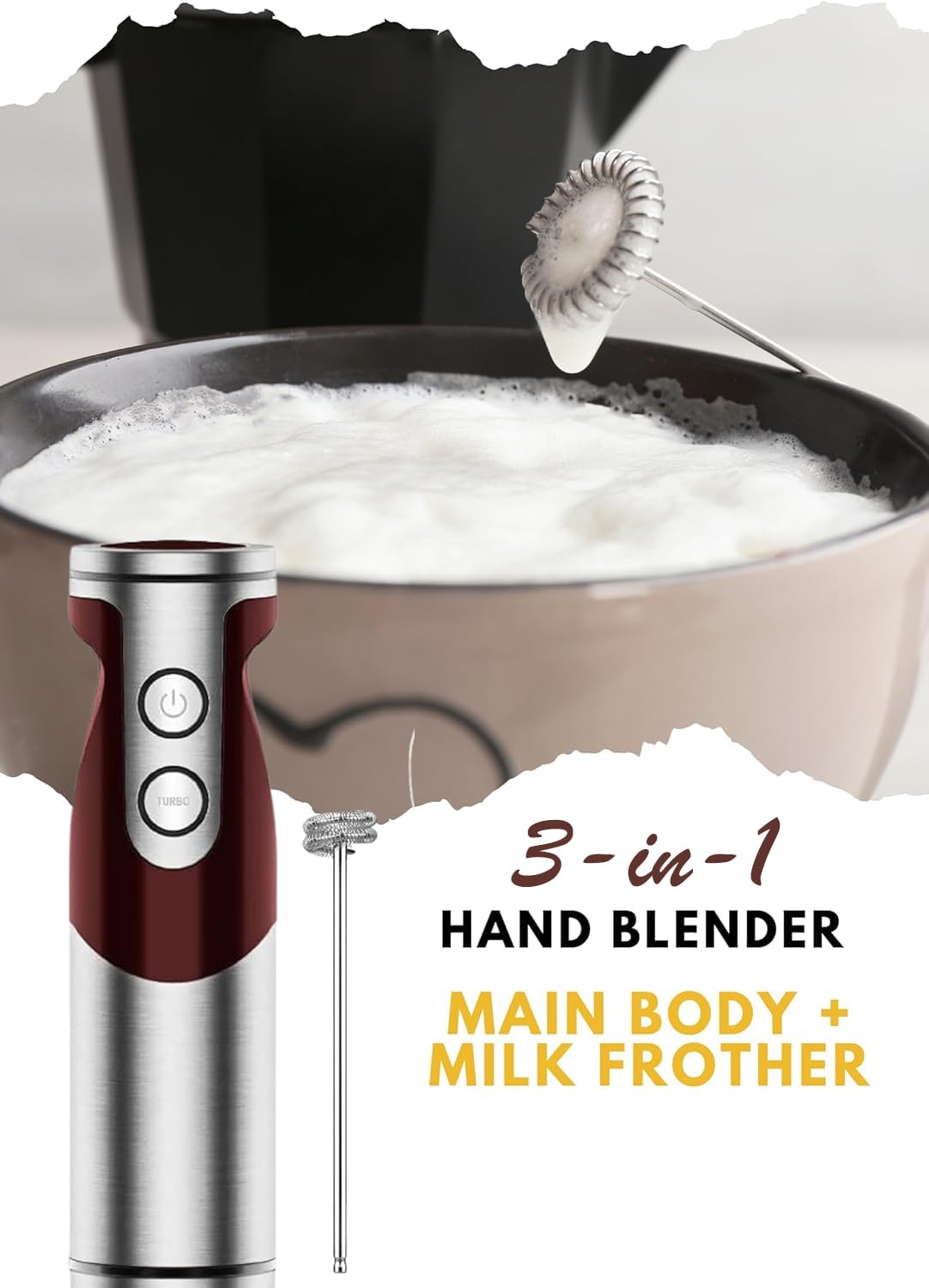 MegaWise 3-wybrane zestawy blendera ręcznego z regulacją prędkości, 400W blender do zanurzenia – w zestawie znajdują się pałeczka, mielacz mleka, pokrąglenie i beker do napojów, zup i babyfood (Czerwo