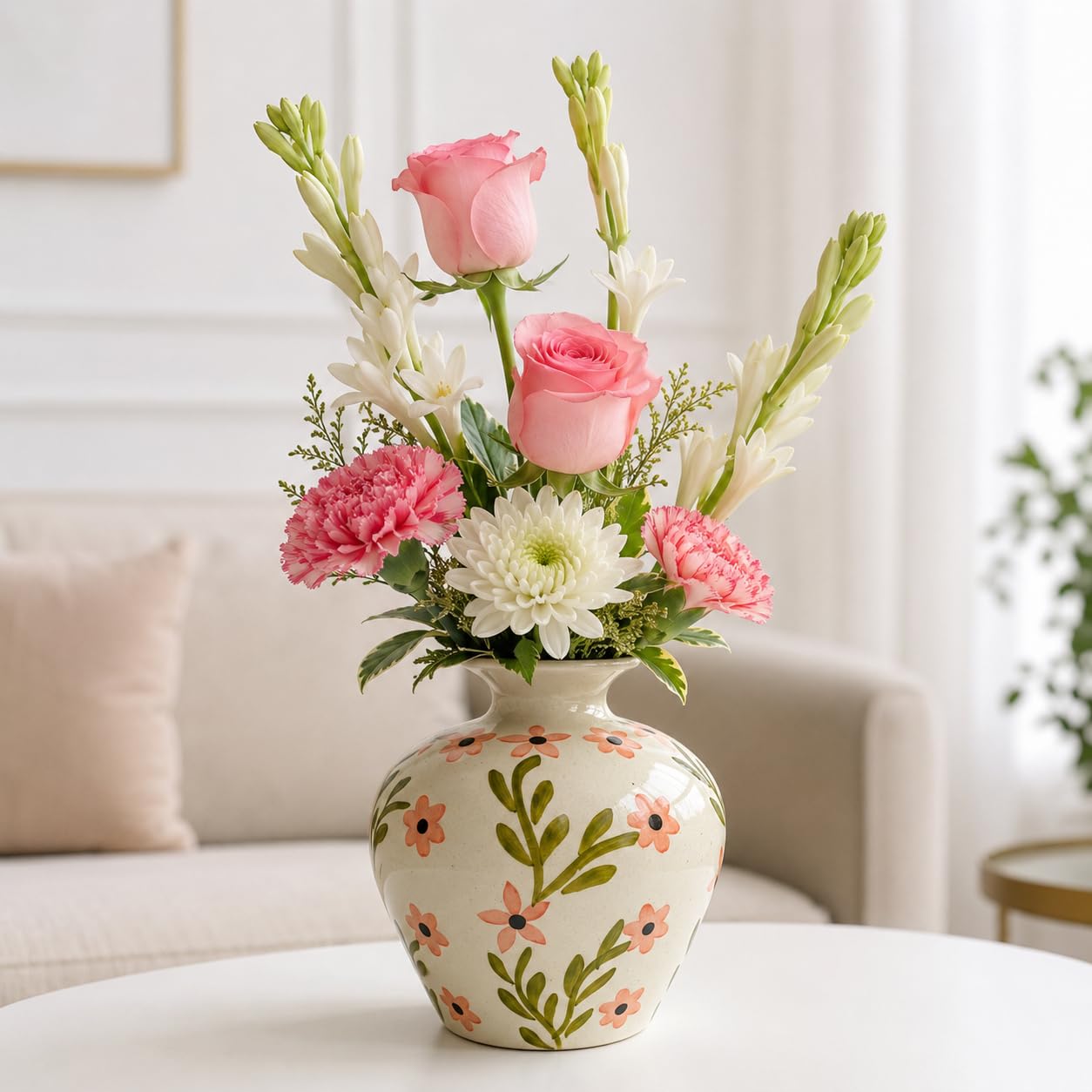 pink floral ceramic matka vase for home & office décor | | vase for living room, dining table, corner decor | gloss finished decorative item for dried & artificial flowers |