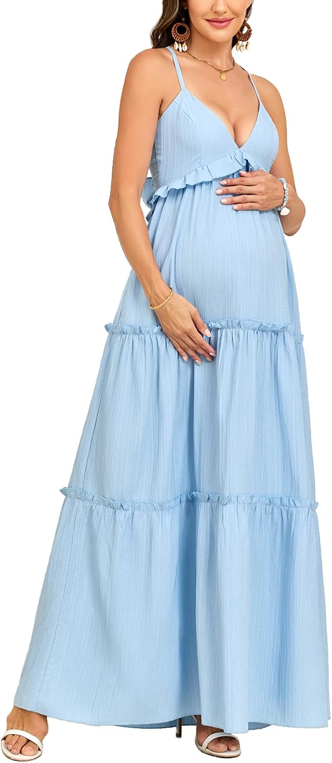 AISWI Maternity Summer Maxi Dress V Neck Bow Tie Casual Flowy Pregnancy Dresses for Baby Shower Photoshoot Beach Boho