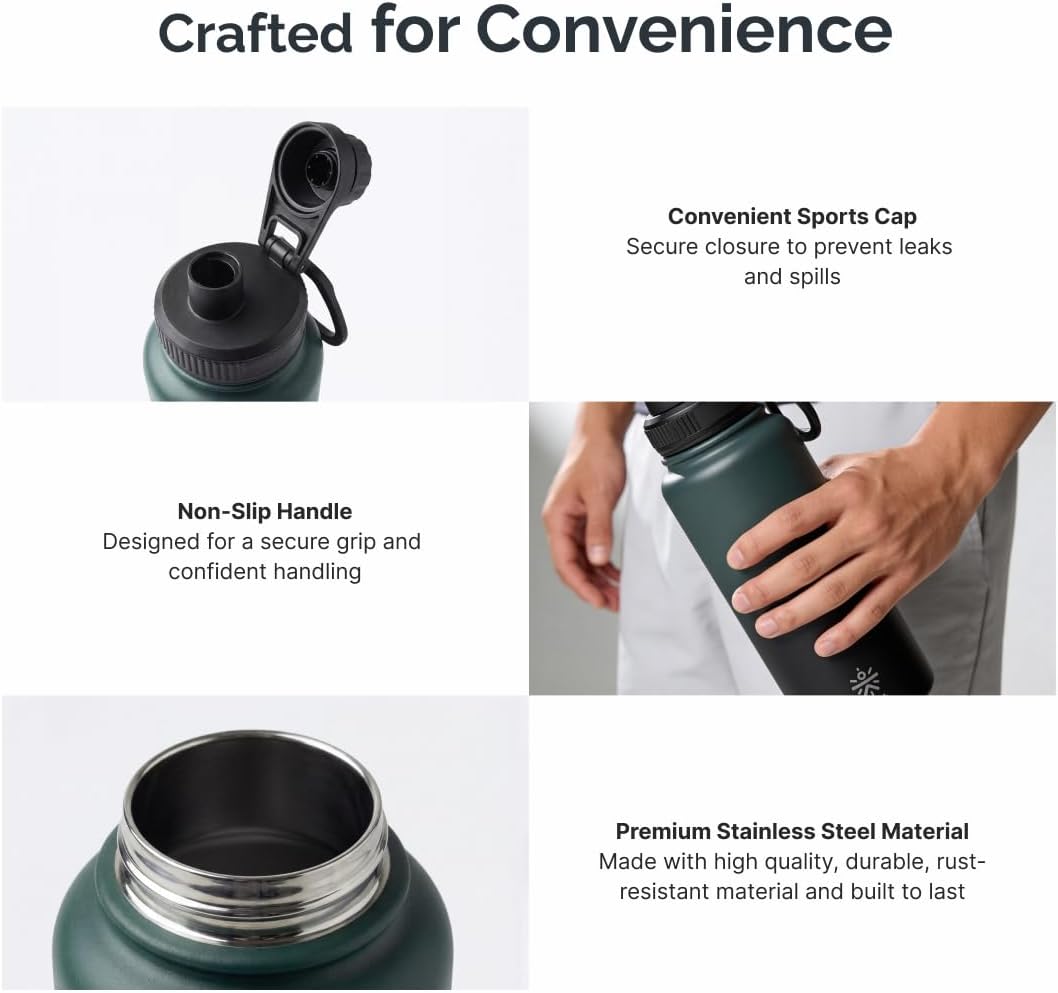 Cult 1L Stainless Steel Water Bottle with Sports Cap, Dual Wall Insulated, Leakproof, Black & Green, Durable Reusable Bottle for Gym, Travel & Daily Use