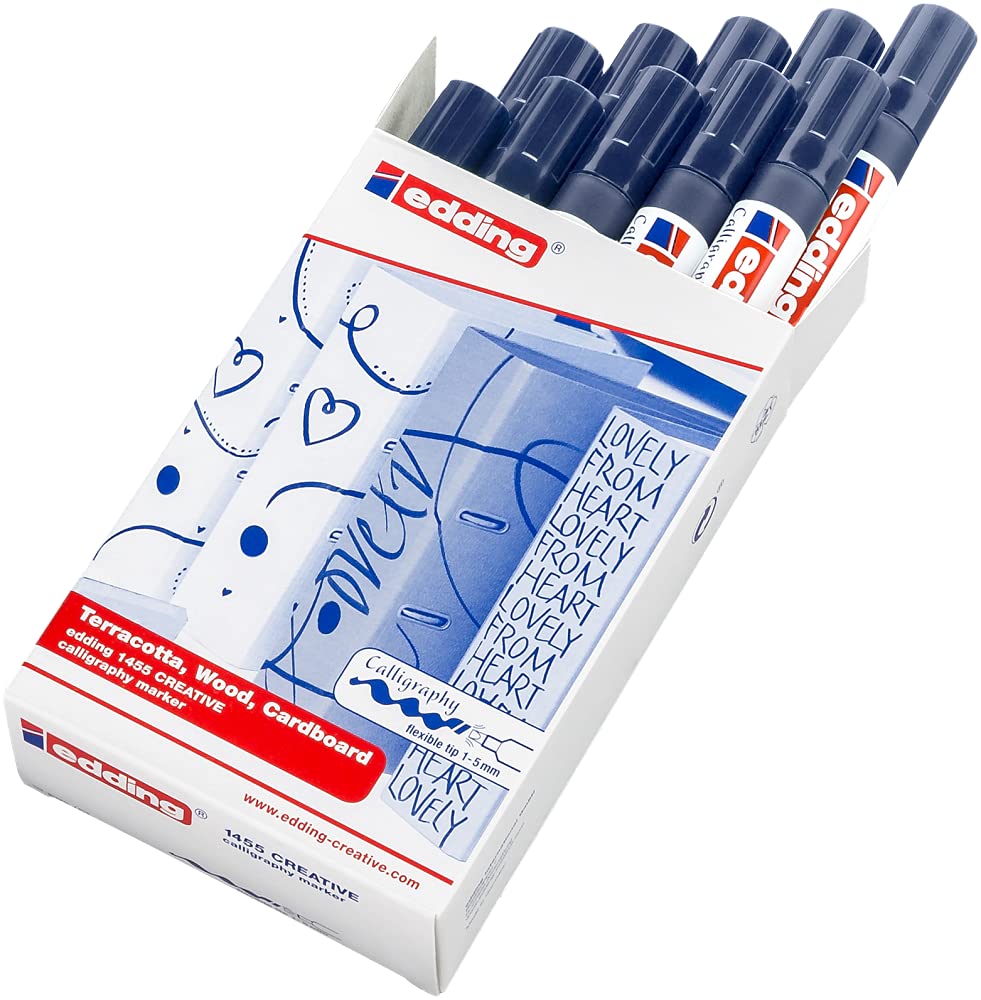 edding 1455 marqueur calligraphique - bleu acier - 10 stylos - plume calligraphique flexible 1-5 mm - stylo fibre pour papier, bois, terre cuite, toile - écriture à la main, carnets de notes