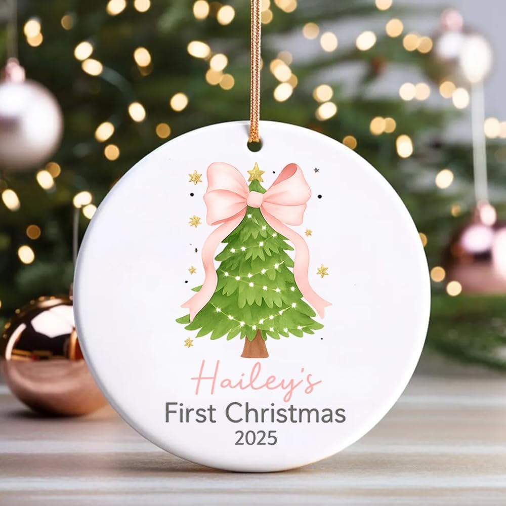 Personalized Baby’s First Christmas Ornament 2025, Custom Ceramic Ornament with Christmas Tree and Pink Bow, Baby Girl 1st Xmas Keepsake Gift, Newborn Holiday Tree Decoration